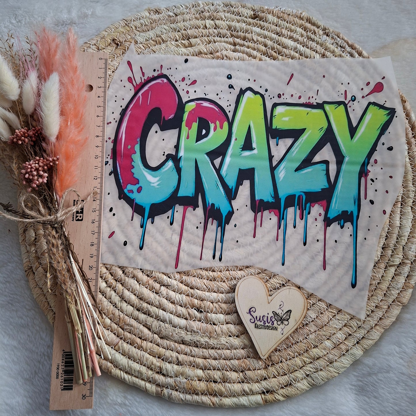 Bügelbild, Schriftzug, Crazy, bunt