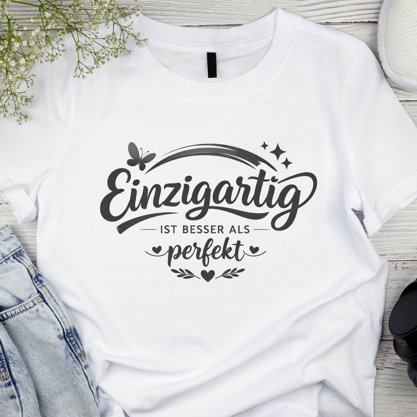Bügelbild Einzigartig ist besser als perfekt, schwarz, weiß, Spruch