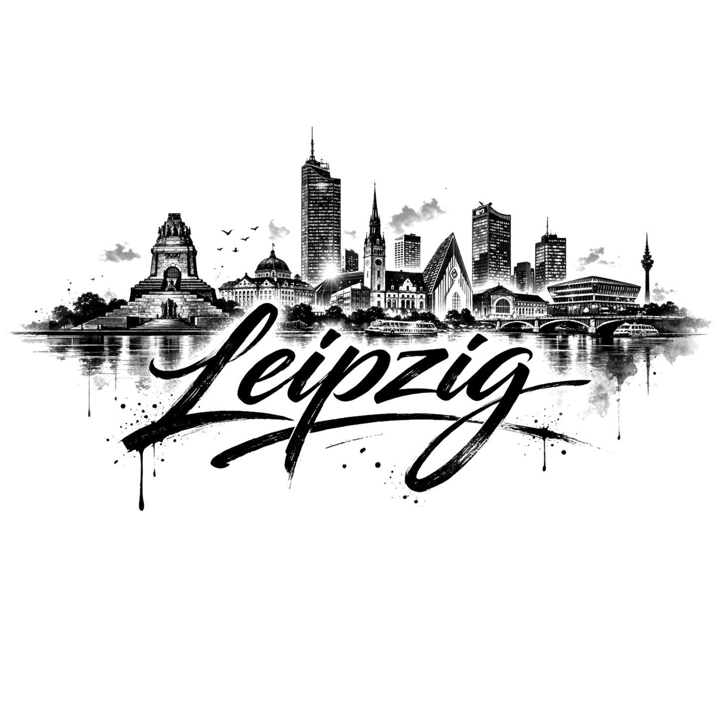 Bügelbild Stadt Silhouette, schwarz weiß, Leipzig