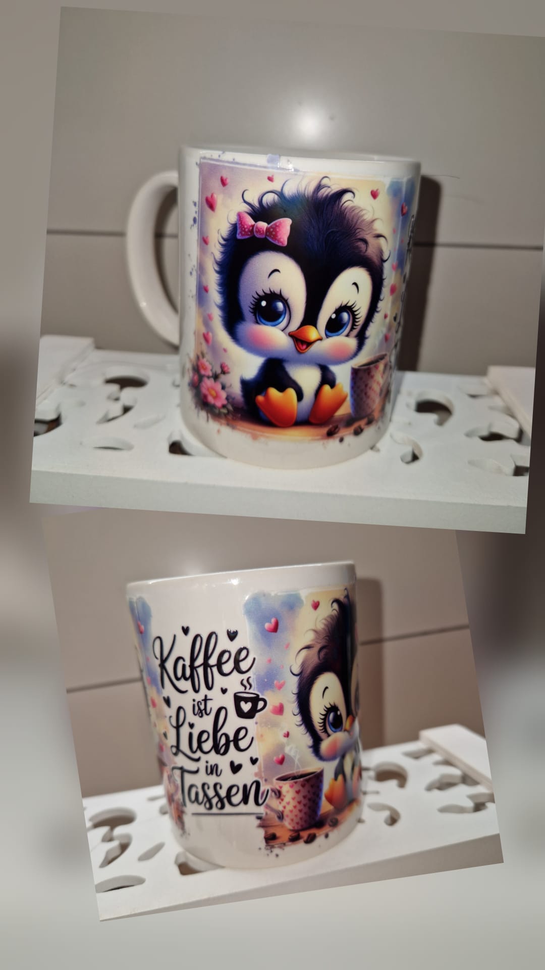 Keramiktasse mit Rub-On Design – Handmade Geschenkidee "Pinguin - Kaffeeliebe"