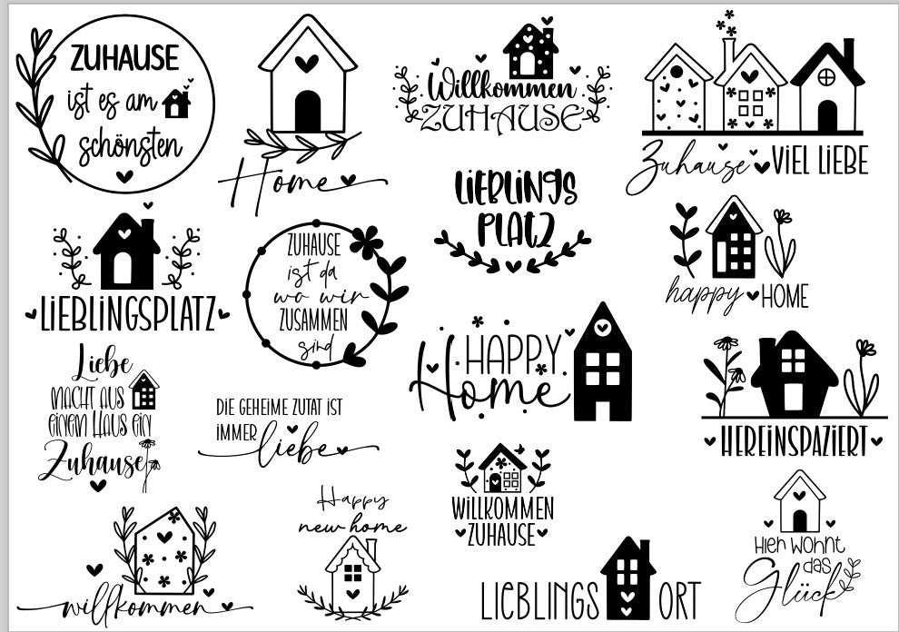 A4 Bogen Rub On Schriften; Zu Hause, Willkommen zu Hause, Häuser, Raysin, Kerzenglas