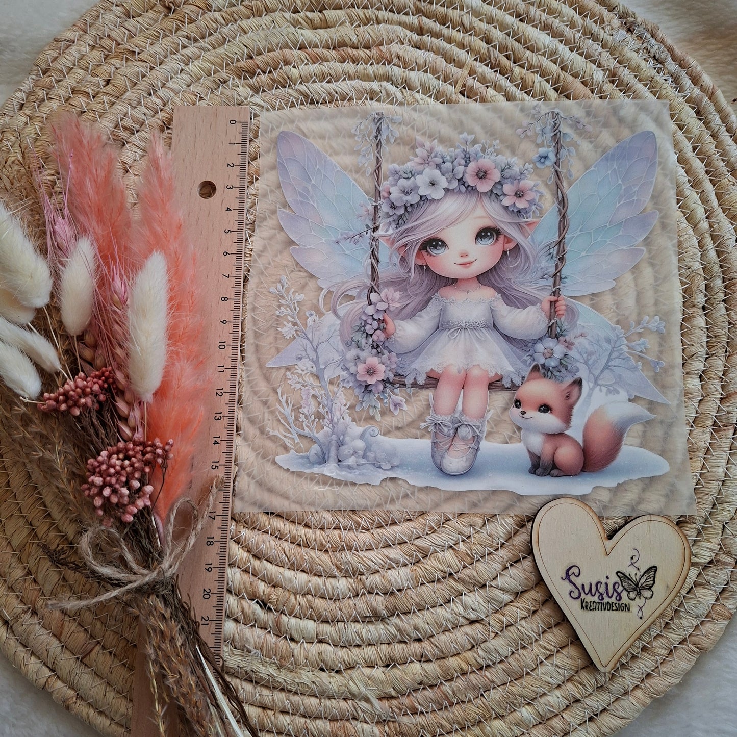 Bügelbild, Fee auf Schaukel, Fuchs, GlowInTheDark