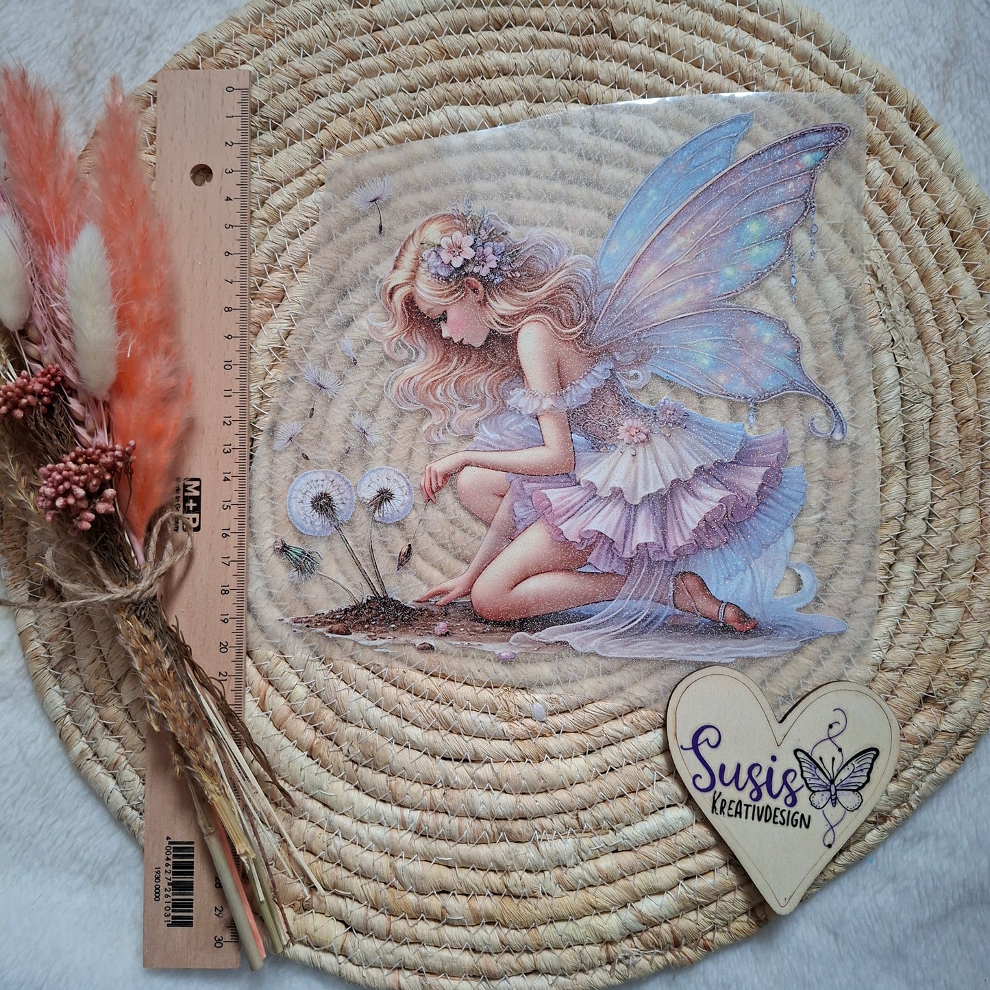 Bügelbild,Glitzer, Fee mit Pusteblune