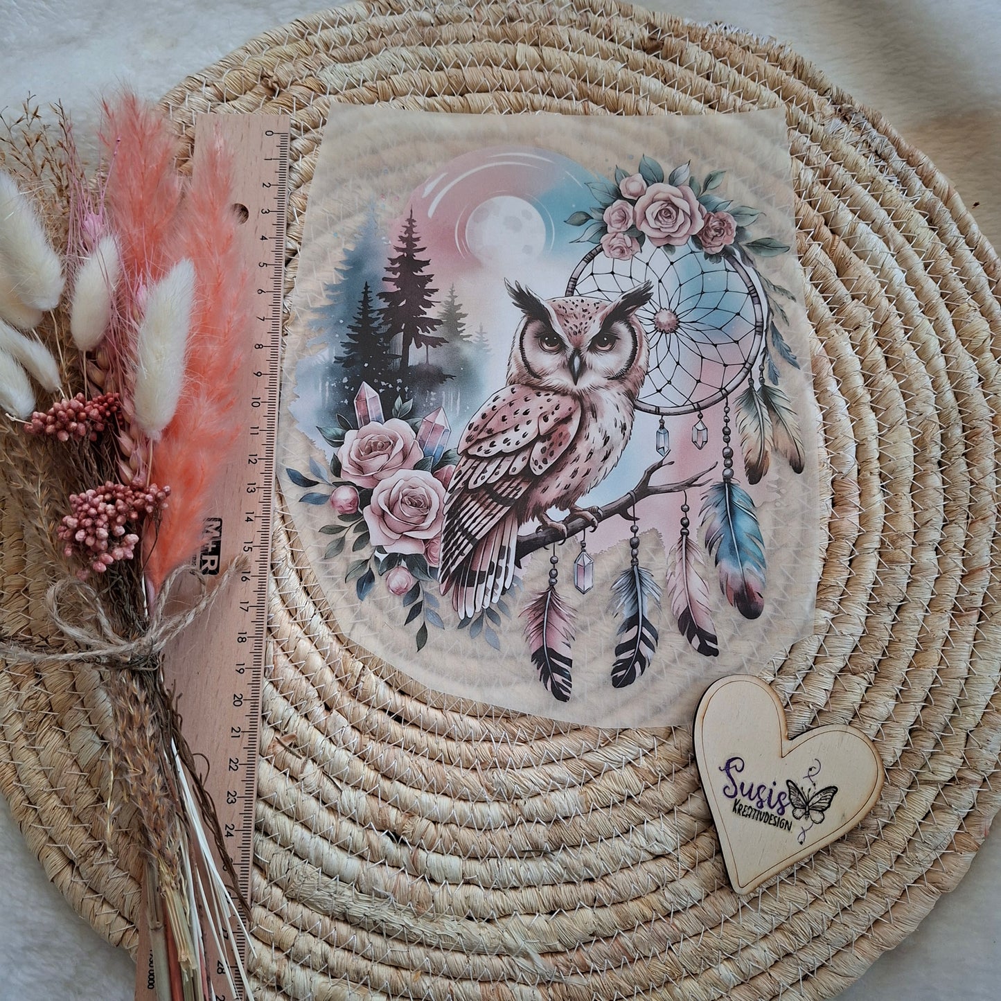Bügelbild, Eule, Traumfänger GlowInTheDark