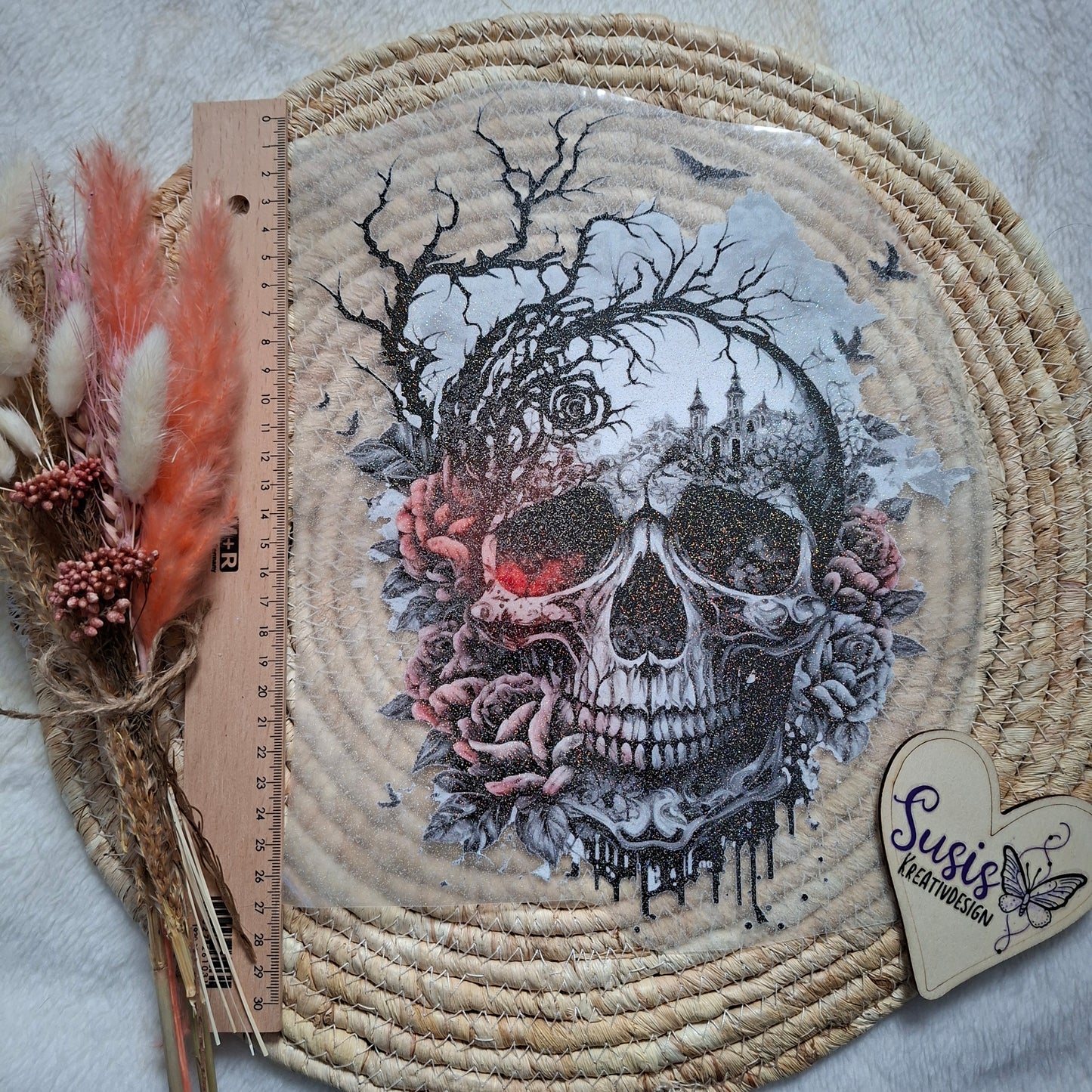 Bügelbild, Glitzer, Skelett, Gothic, schwarz, Rose