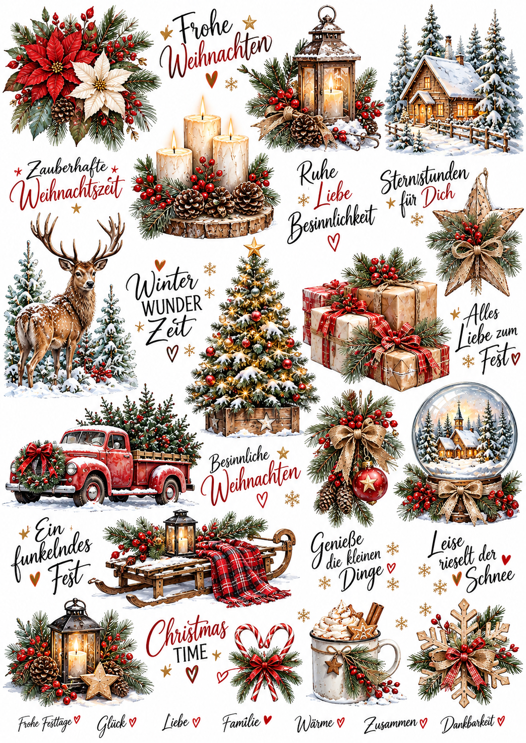 A4 Bogen Rub On rot, Weihnachten, Winter, Schriften, Raysin, Kerzenglas