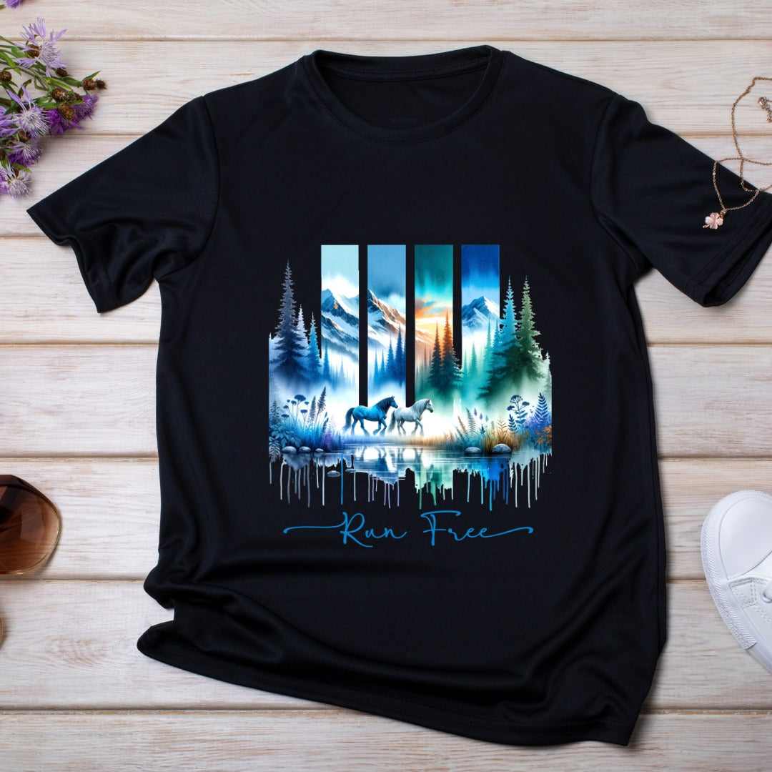 Bügelbild, Streifen, Pferde, blau, grün, gestreift, Wald, Berge