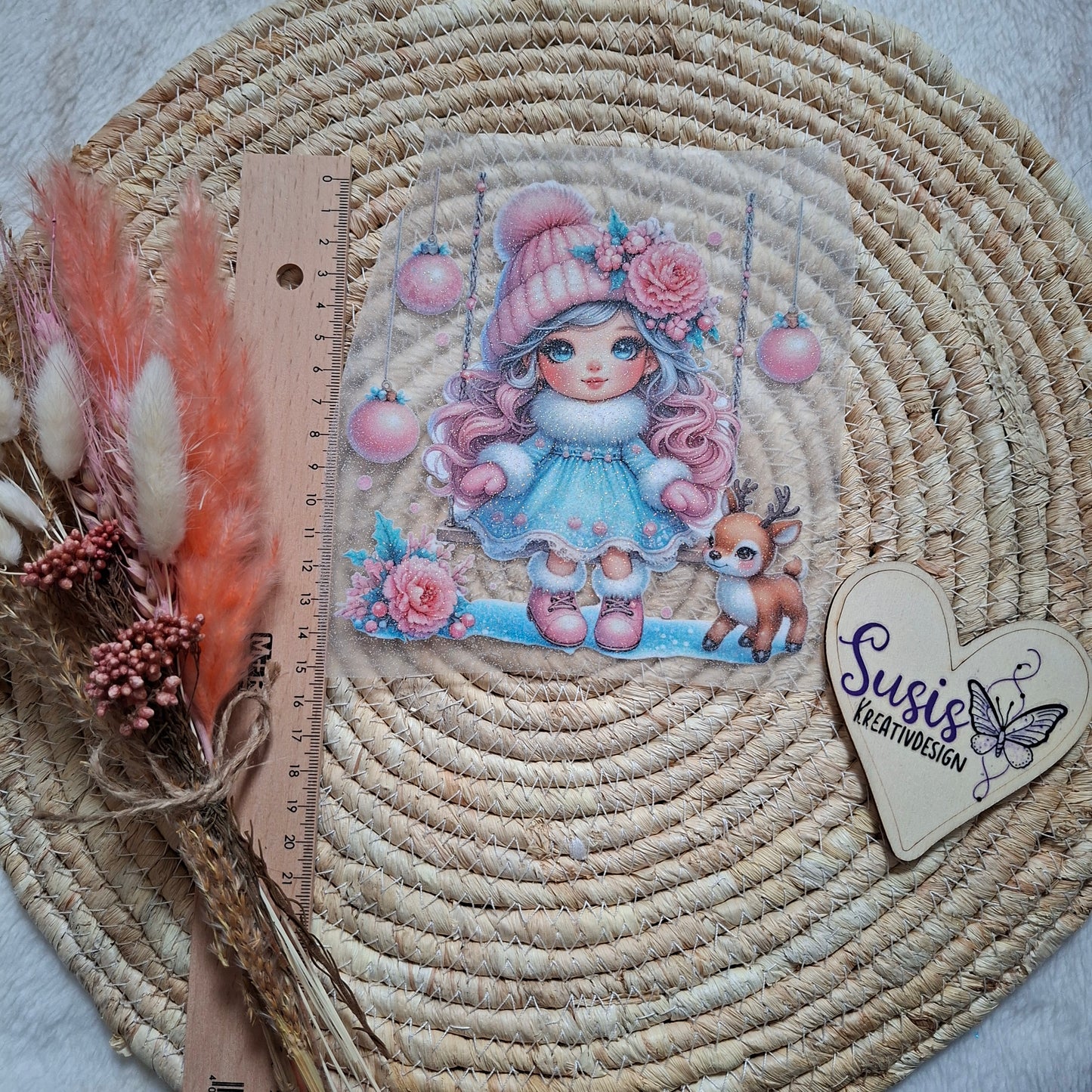 Bügelbild, Glitzer, Mädchen auf Schaukel, pink, Gnom