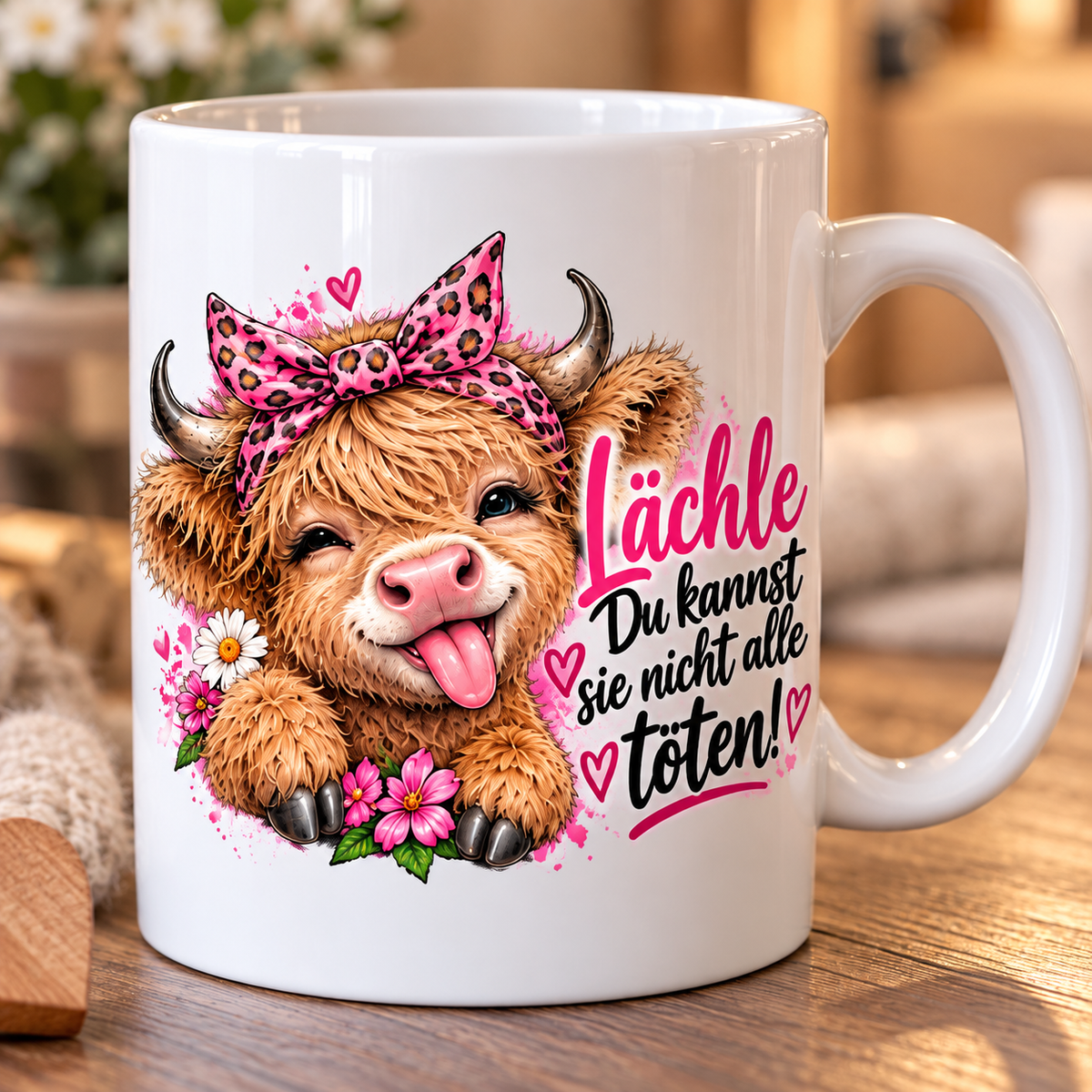 Tasse weiß mit cooler Kuh "Lächle, du kannst Sie nicht alle töten"