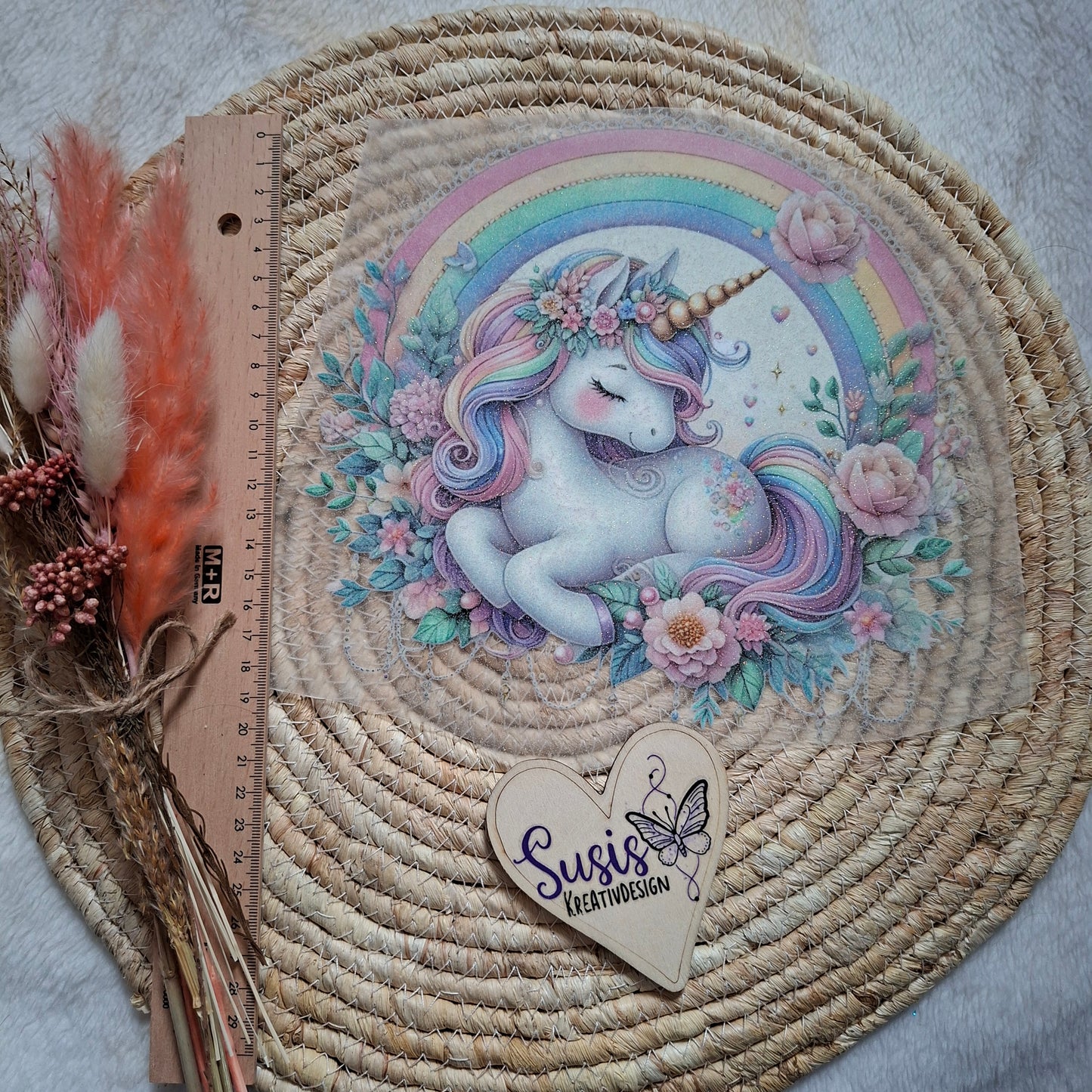 Bügelbild, Glitzer, Einhorn, Regenbogen, Blumen