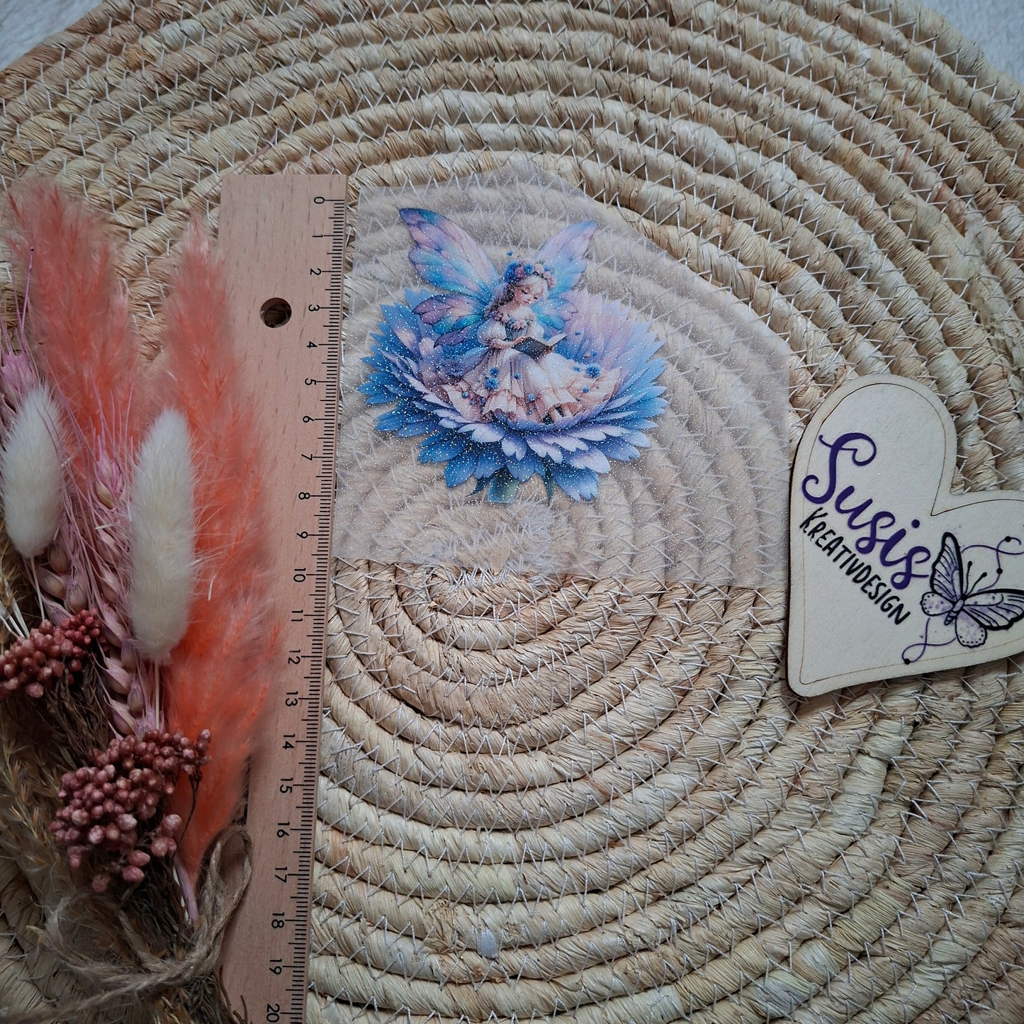 Bügelbild,Glitzer, Fee, Blume, blau