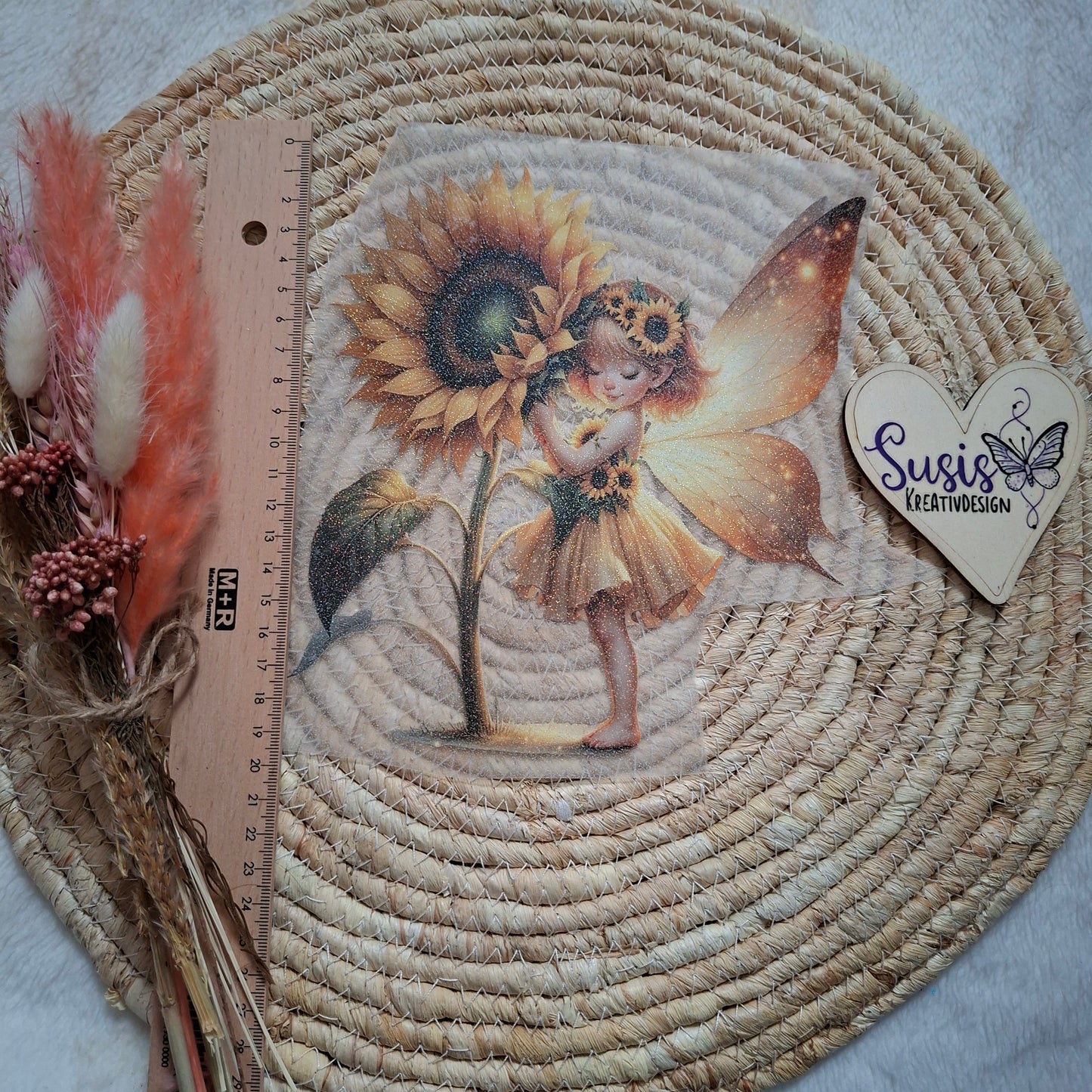 Bügelbild,Glitzer, Fee mit Sonnenblume, Herbst