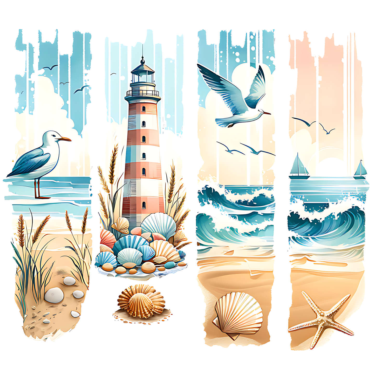 Bügelbild, Streifen,Meer, Meerzeit, Möwen, Strand, Leuchtturm