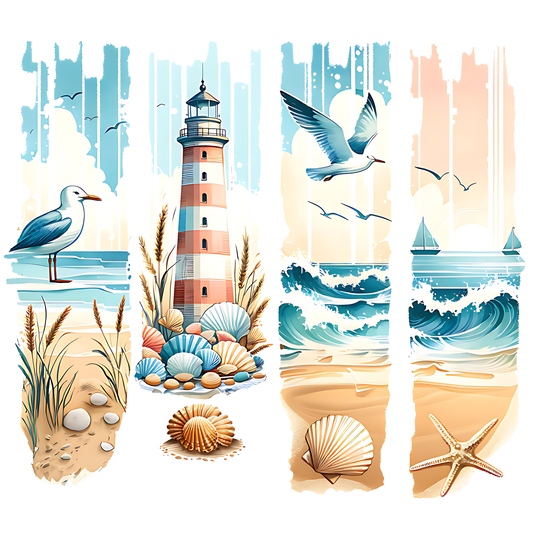 Bügelbild, Streifen,Meer, Meerzeit, Möwen, Strand, Leuchtturm