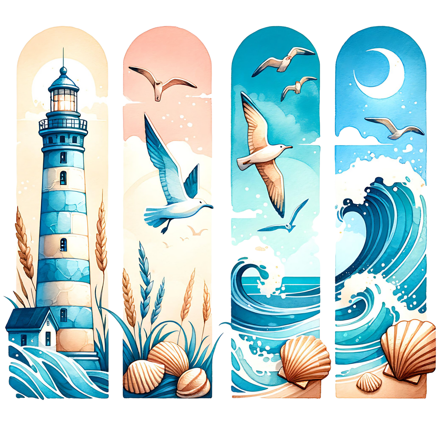 Bügelbild, Streifen,Meer, Meerzeit, Möwen, Strand, Leuchtturm