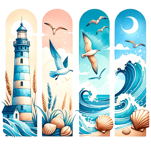 Bügelbild, Streifen,Meer, Meerzeit, Möwen, Strand, Leuchtturm