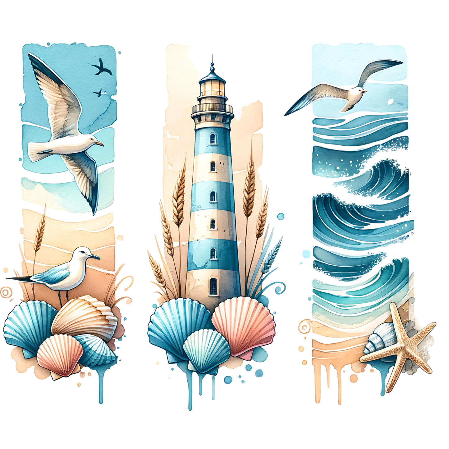 Bügelbild, Streifen,Meer, Meerzeit, Möwen, Strand, Leuchtturm