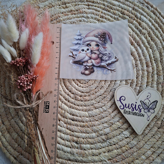 Bügelbild, Gnom mit Eule, Winter