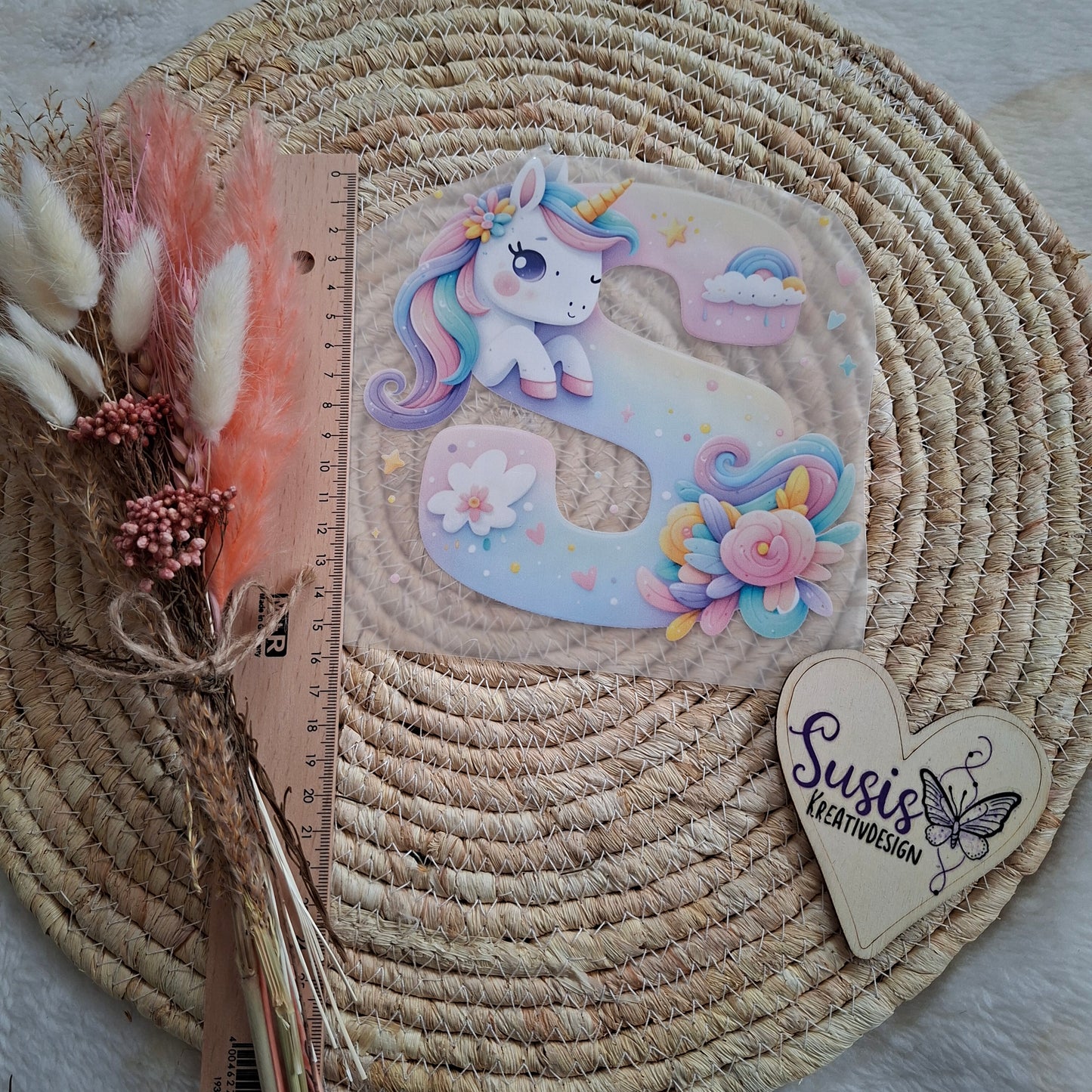 Bügelbild, Buchstabe "S", Einhorn