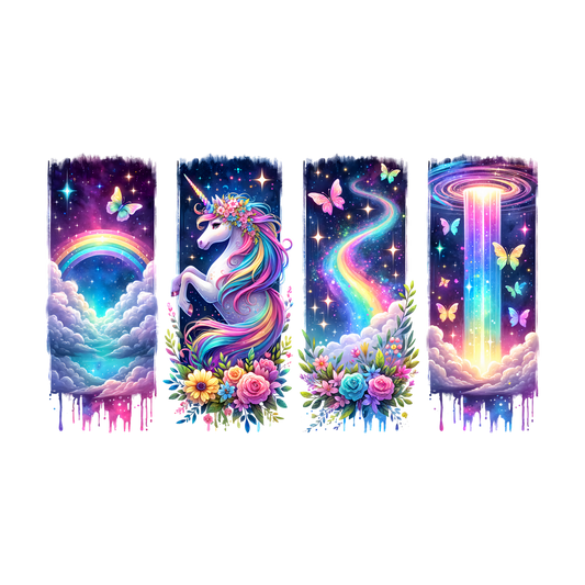 Bügelbild, Streifen, Galaxy, Einhorn, bunt, Blumen, Regenbogen, Schmetterlinge