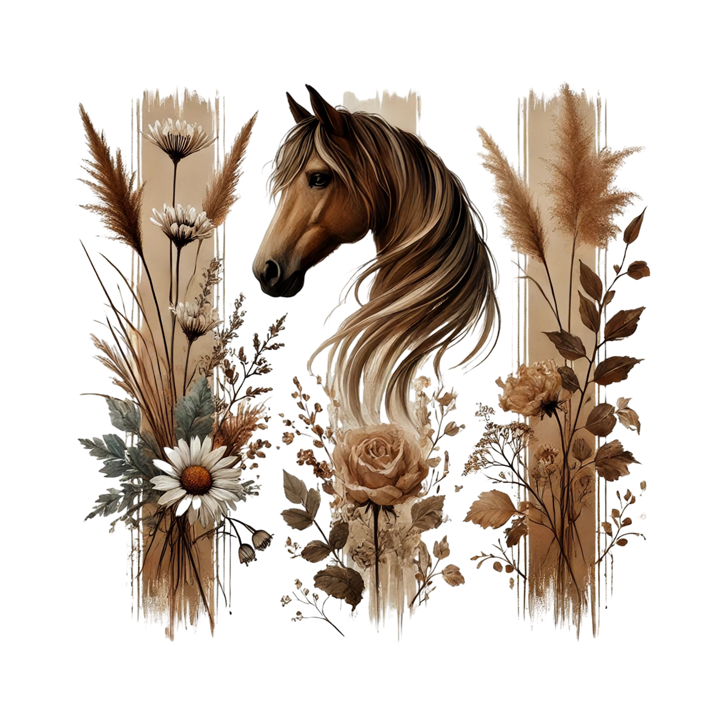 Bügelbild, Streifen, Pferd, Blumen, braun