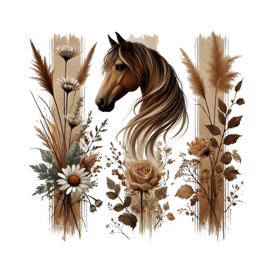 Bügelbild, Streifen, Pferd, Blumen, braun