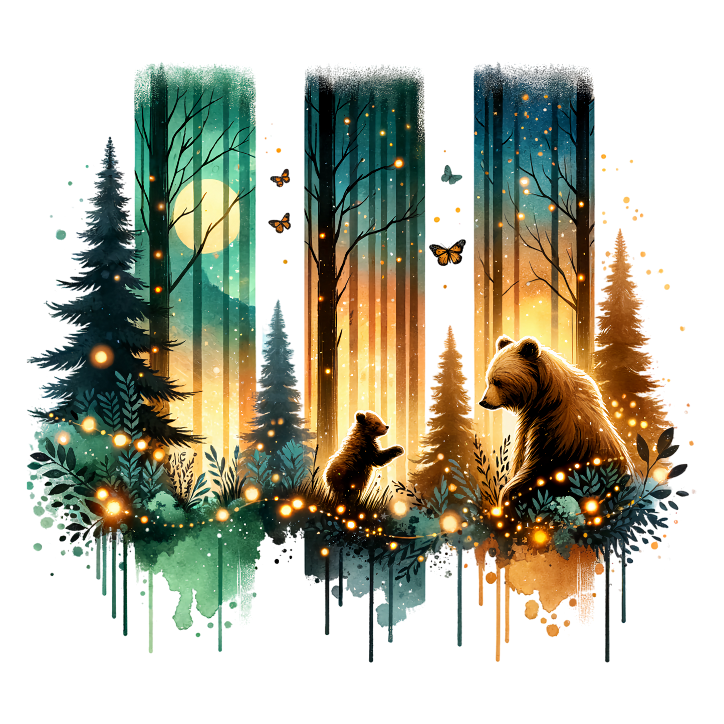 Bügelbild, Streifen, Bär, Bärenfamilie, Wald, Dämmerung, Grün, braun