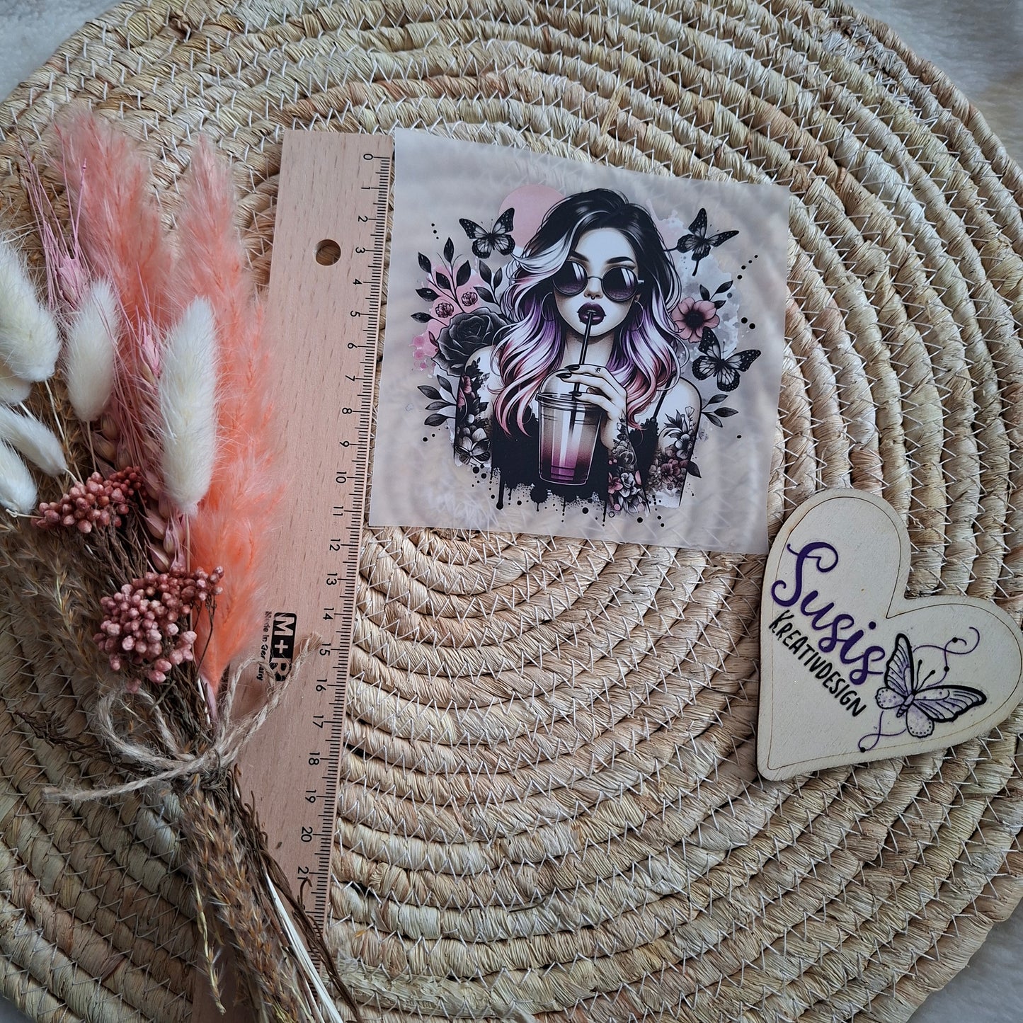 Bügelbild, Frau, Kaffee, Schmetterling