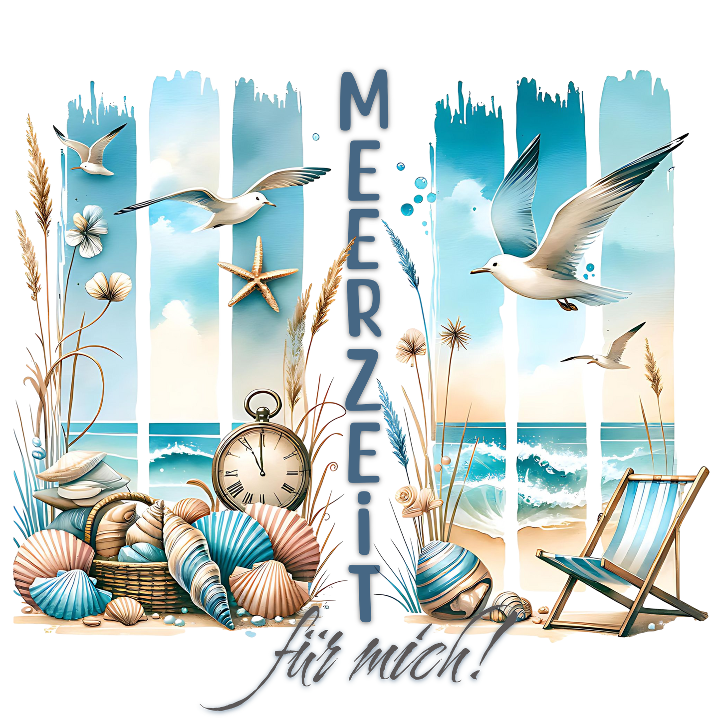 Bügelbild, Streifen,Meer, Meerzeit, Möwen, Liegestuhl, Strand, Muscheln, Wasser