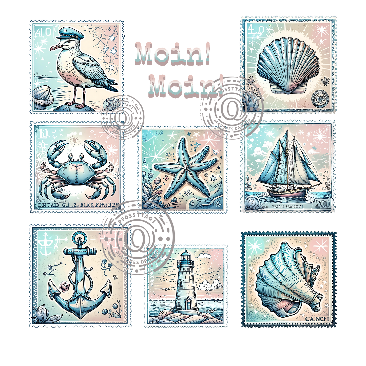 Bügelbild, Streifen,Meer, Meerzeit, Möwen, Anker, Leuchtturm, Moin, Seestern