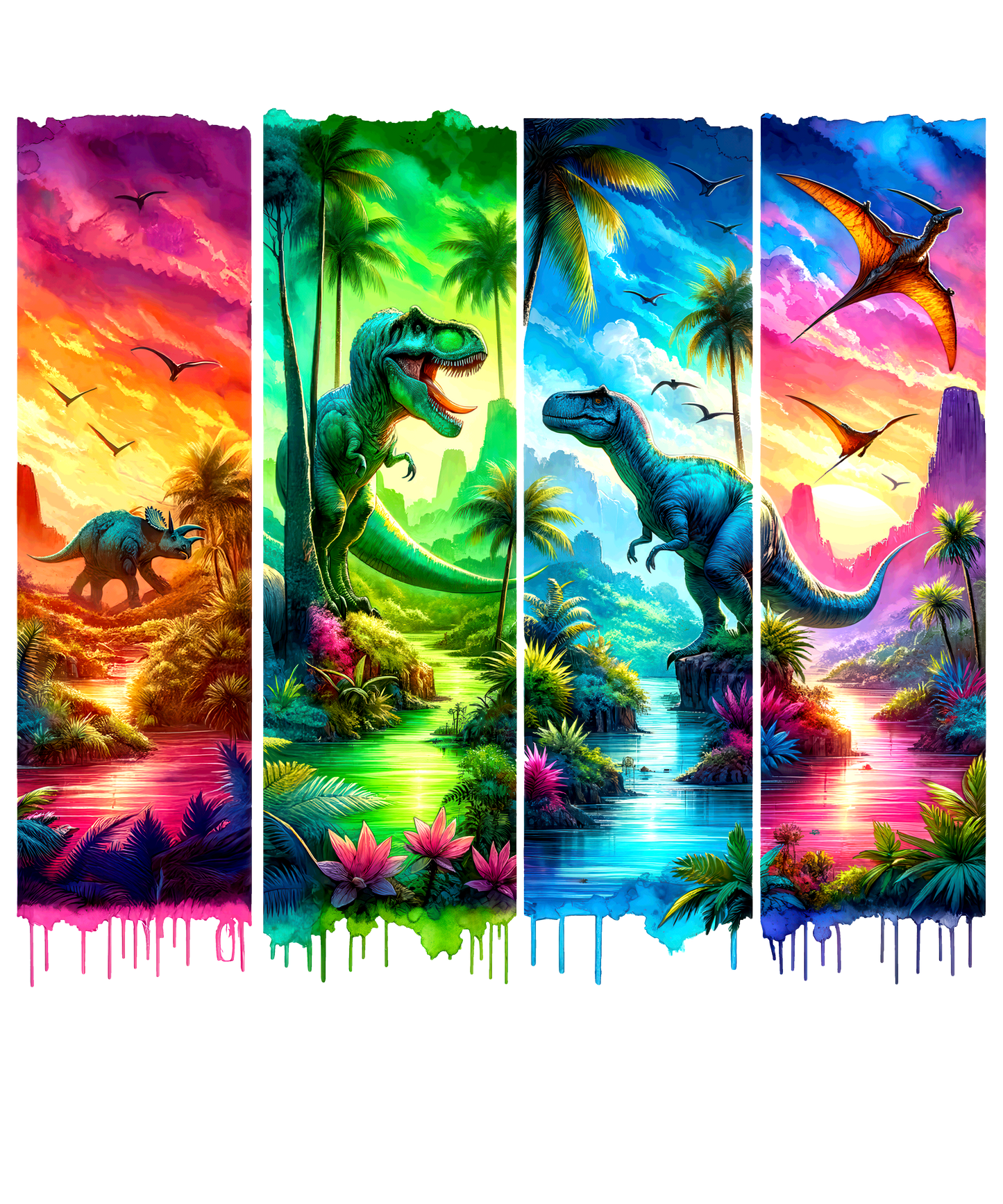 Bügelbild, Streifen, Dinos,Dinosaurier, neon, Berge, Palmen, bunt, Stripes