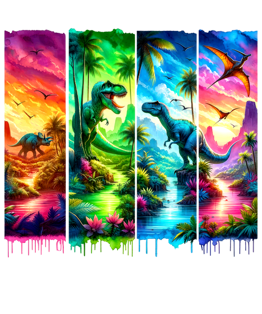 Bügelbild, Streifen, Dinos,Dinosaurier, neon, Berge, Palmen, bunt, Stripes