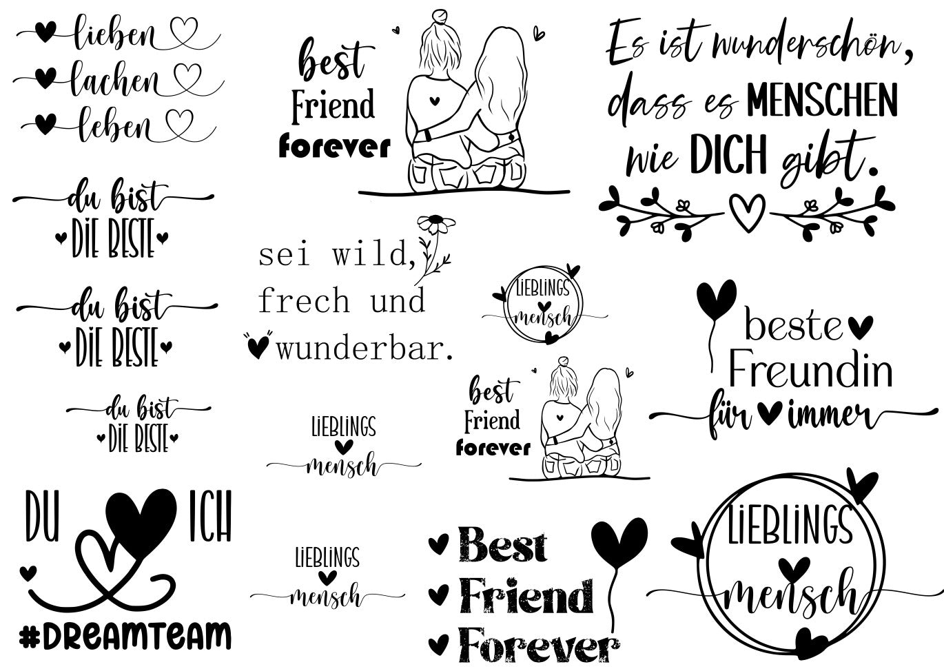 A4 Bogen Rub Ons Freunde, Schriften, schwarz/weiß