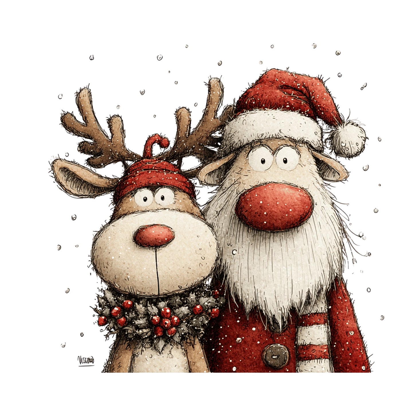 Weihnachtsmann mit Rentier, Aquarell, Weihnachten, Winter, Christmas #3