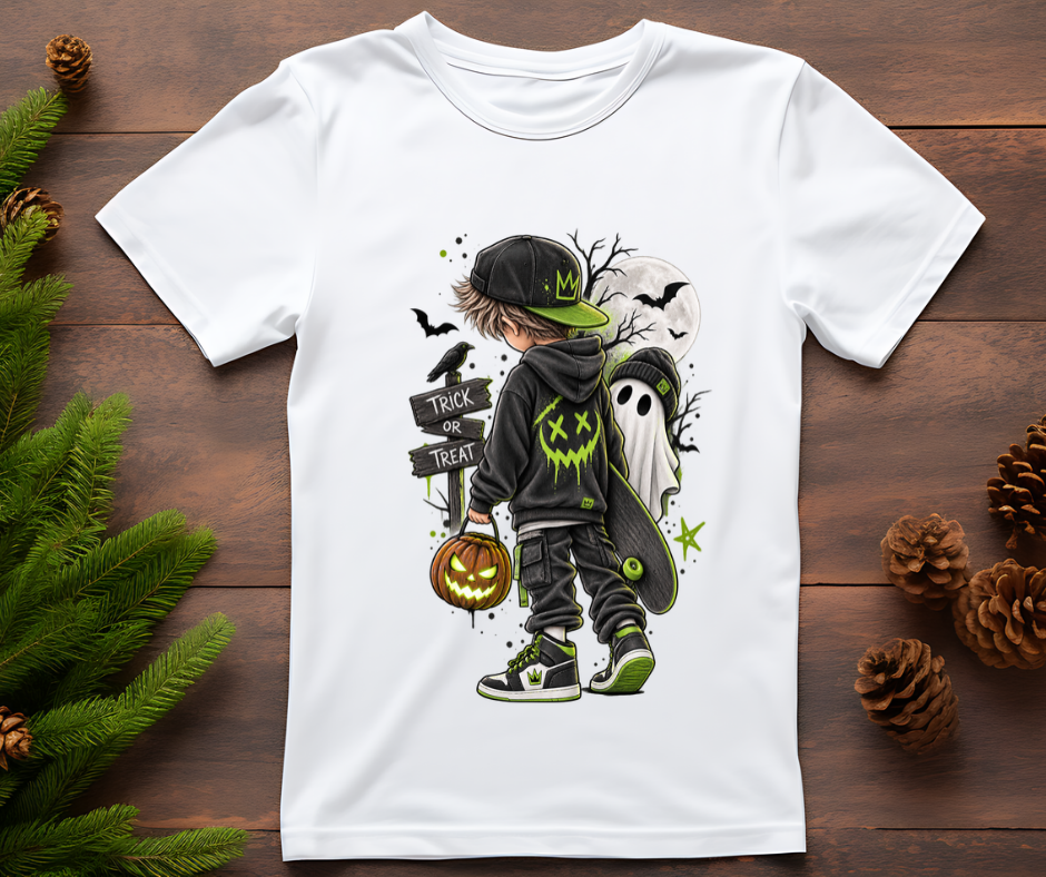 Bügelbild Halloween Junge mit Kürbis