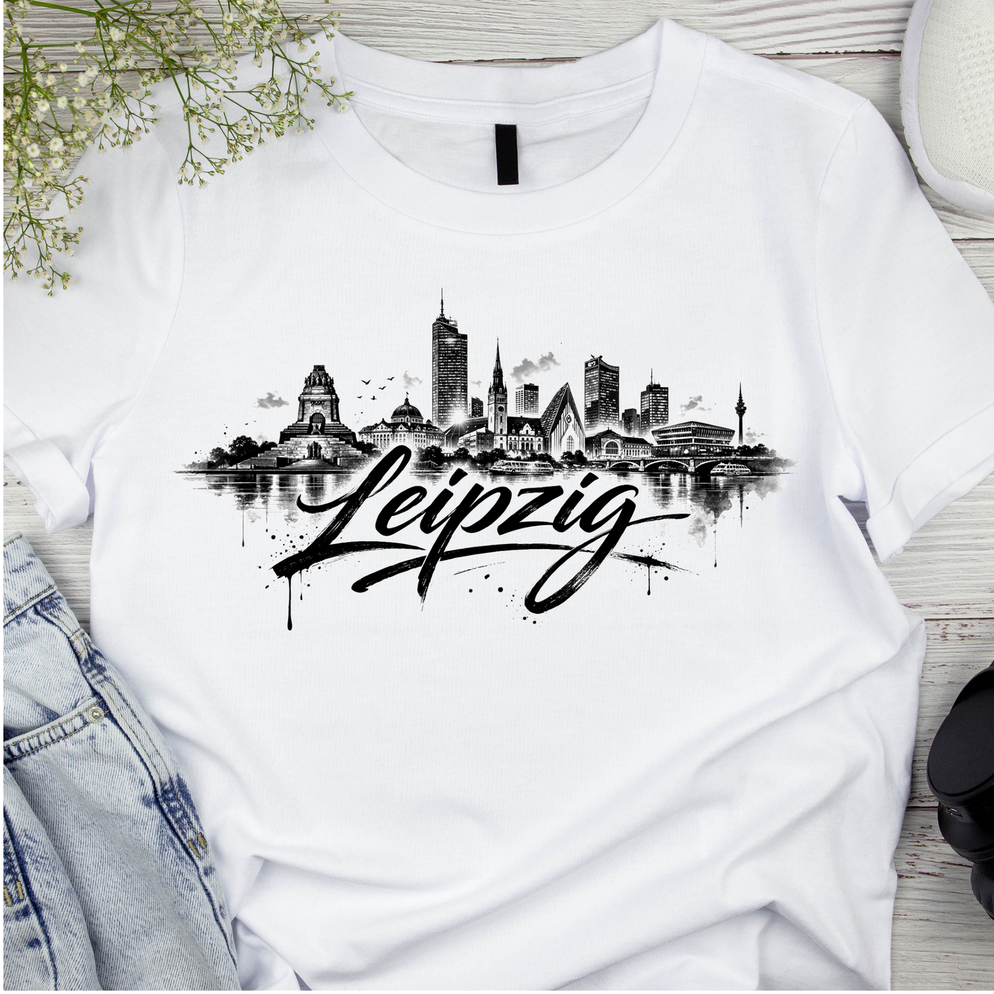 Bügelbild Stadt Silhouette, schwarz weiß, Leipzig