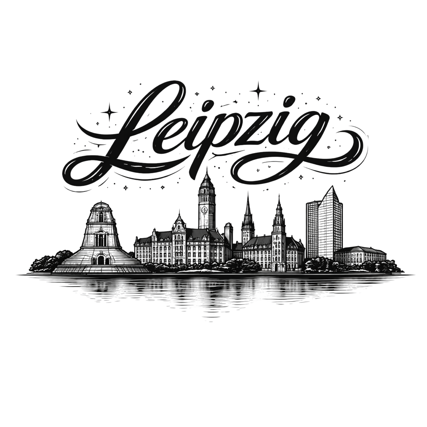Bügelbild Stadt Silhouette, schwarz weiß, Leipzig