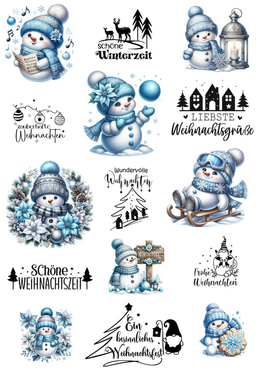 A4 Bogen Rub Ons Schneemann blau mit Schrift