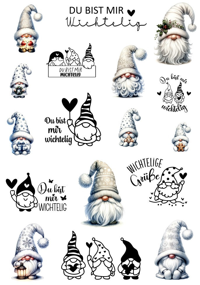 A4 Bogen Rub Ons Gnom mit Schrift weiß/grau