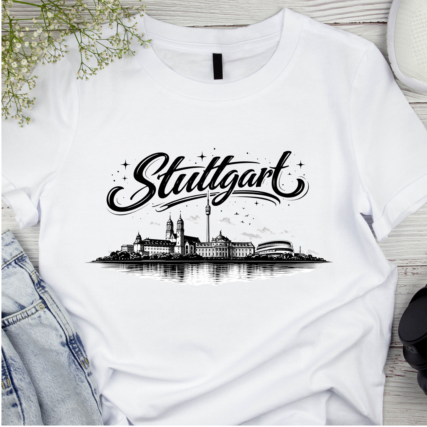 Bügelbild Stadt Silhouette, schwarz weiß, Stuttgart