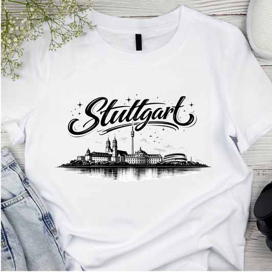 Bügelbild Stadt Silhouette, schwarz weiß, Stuttgart