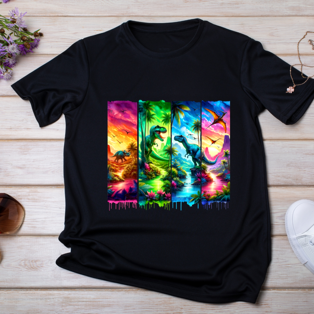 Bügelbild, Streifen, Dinos,Dinosaurier, neon, Berge, Palmen, bunt, Stripes