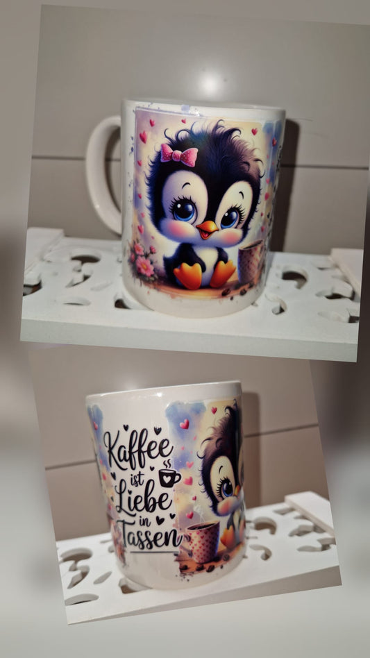 Keramiktasse mit Rub-On Design – Handmade Geschenkidee "Pinguin - Kaffeeliebe"