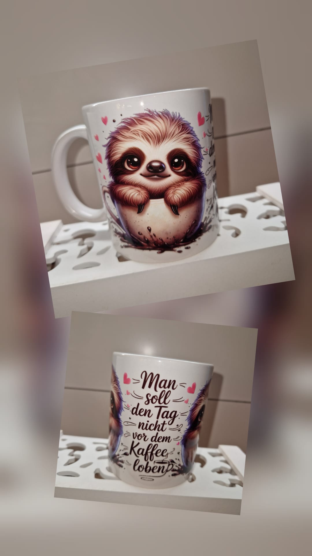 Keramiktasse mit Rub-On Design – Handmade Geschenkidee "Faultier - Kaffee"