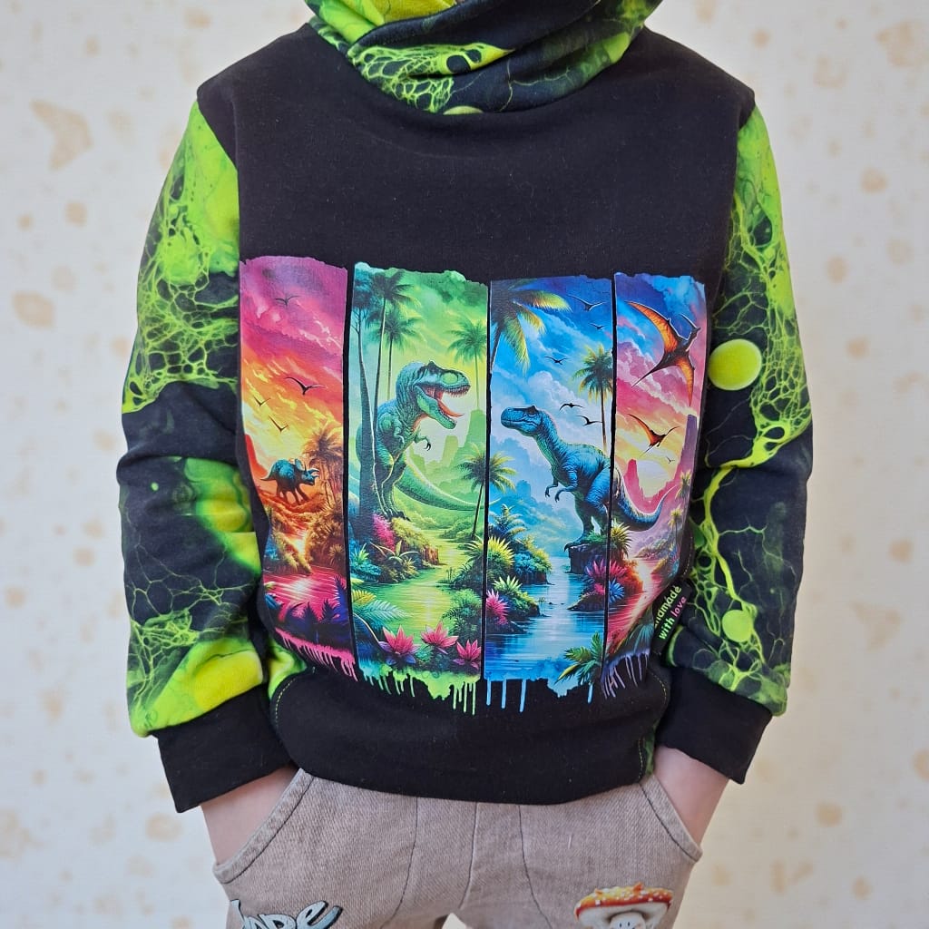 Bügelbild, Streifen, Dinos,Dinosaurier, neon, Berge, Palmen, bunt, Stripes