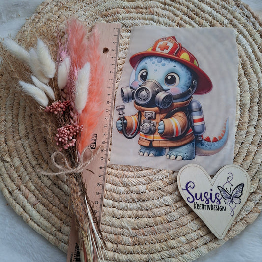 Bügelbild,Dino Feuerwehr, reflektierend