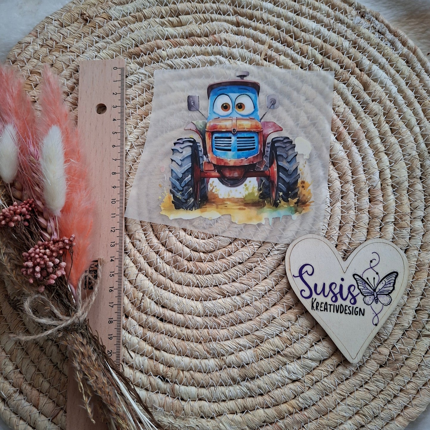 Bügelbild, Traktor mit Gesicht, GlowInTheDark