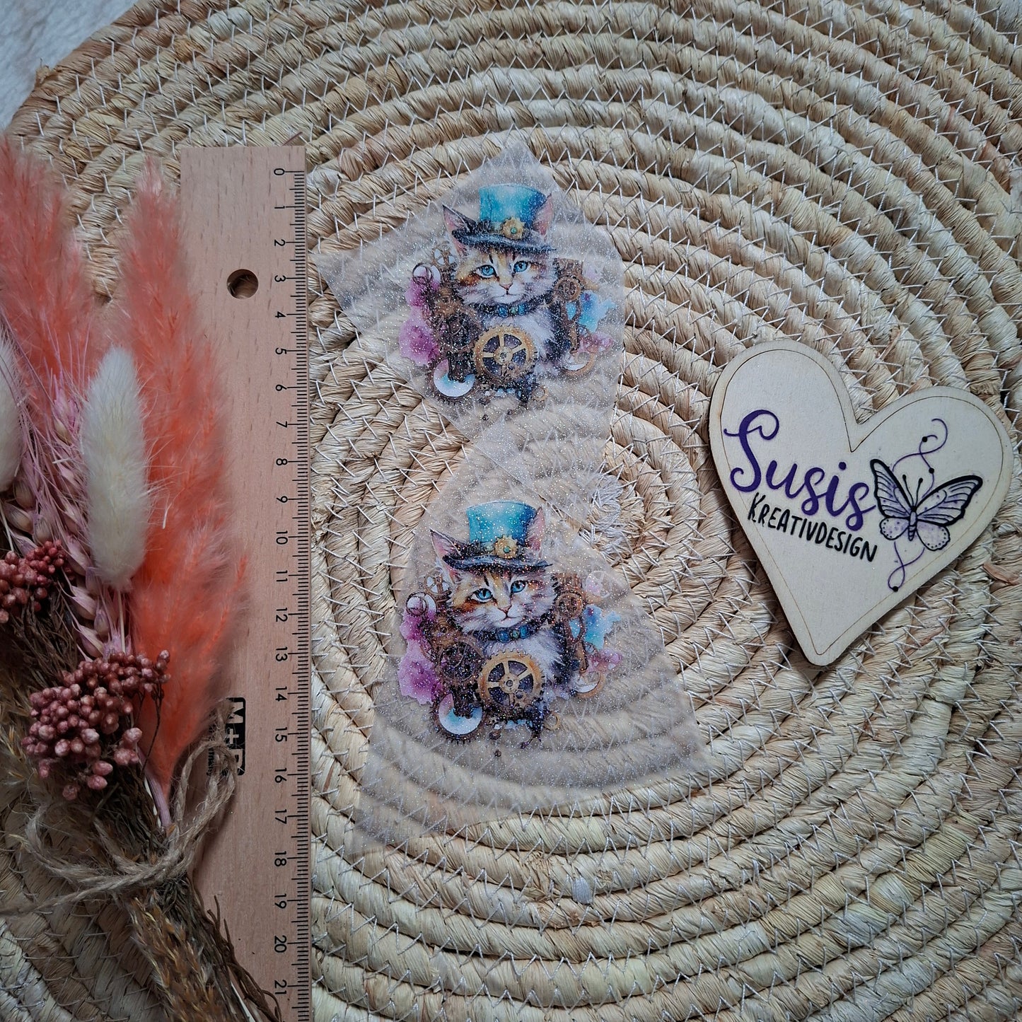 Bügelbild, Glitzer, Katze, Steampunk