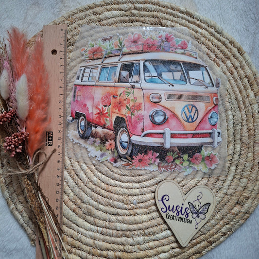 Bügelbild, Glitzer, Bulli, pink, Blumen