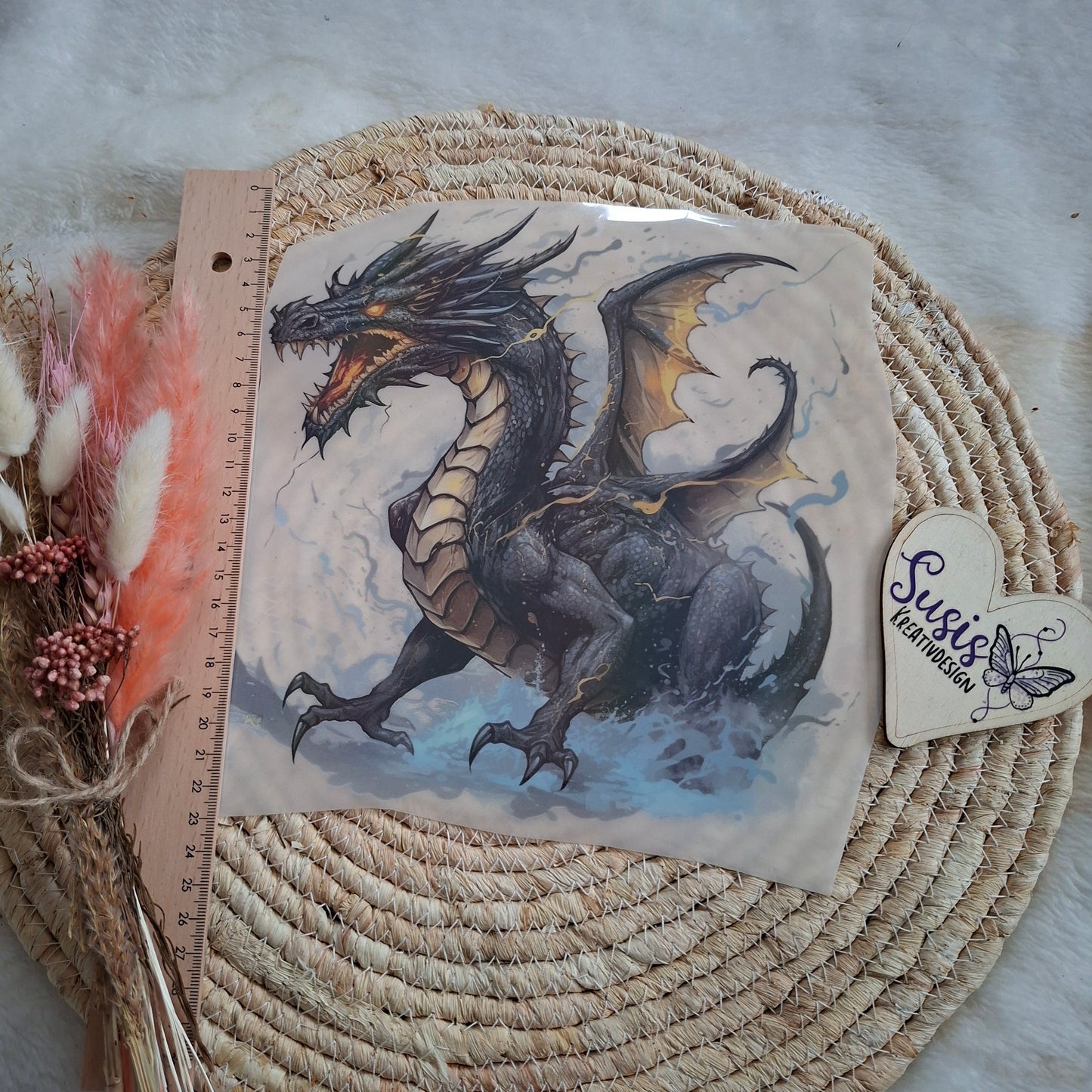 Bügelbild, Drache, schwarz, reflektierend